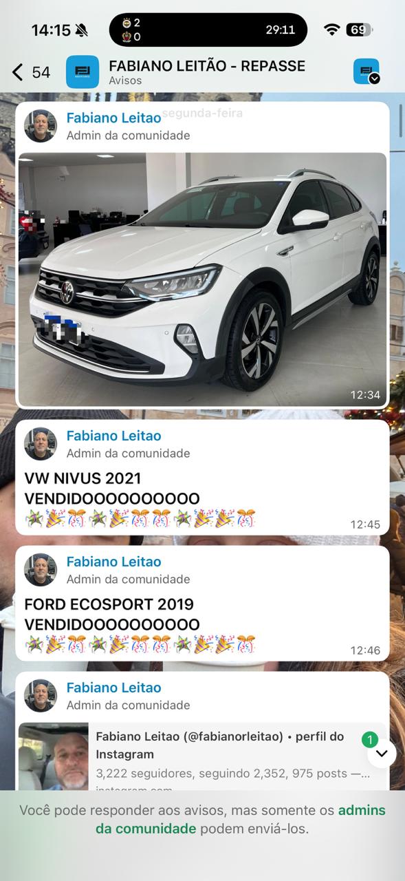 Veículos vendidos anunciados no grupo FL Motors